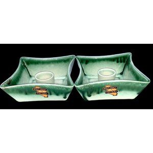 Vtg West Coast Pottery Green Square Candle Holders Set Original Stickers 860-C